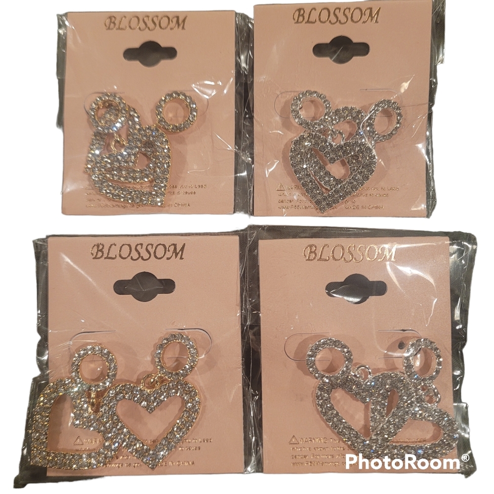 Blossom Bling heart postmark earrings on silver or gold.